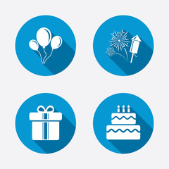 Poster - Birthday party icons. Cake and gift box symbol
