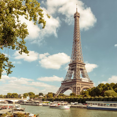 Wall Mural - Eiffel Tower against blue sky, Paris, France. Scenic view of Seine River in summer.
