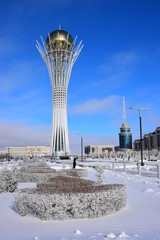 The BAITEREK tower in Astana, Kazakhstan, in winter