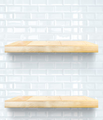 Fototapete - Empty Wooden Table top and shelf at white tile ceramic wall,Temp