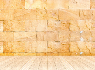 Poster - Empty perspective room with sand stone wall and wooden plank flo