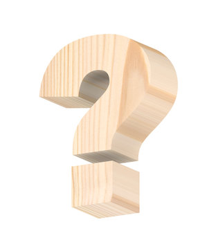 Question mark from pine wood alphabet set isolated over white. 