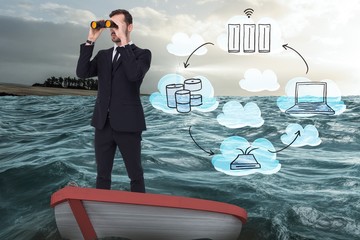 Poster - Composite image of businessman in boat with binoculars