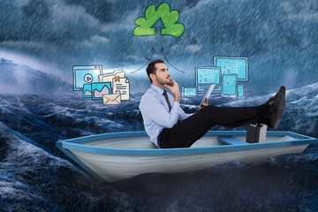 Poster - Composite image of businessman in boat with tablet pc