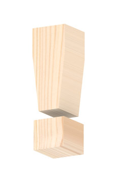 Exclamation mark from pine wood alphabet set isolated over white