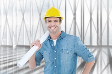 Poster - Composite image of confident architect holding rolled blueprint