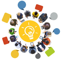 Fototapete - Group People Using Digital Devices Light Bulb Concept