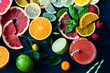 Fresh citrus slices and juice on black background top view