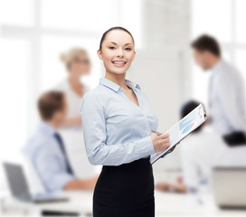 Sticker - young smiling businesswoman with clipboard and pen