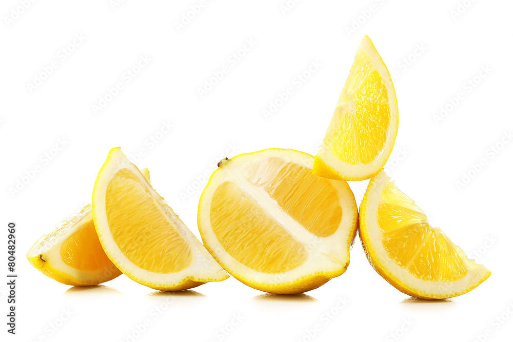 Juicy slices of lemon isolated on white