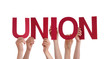 Many People Hands Holding Red Straight Word Union