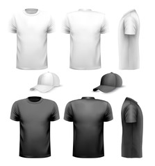 Wall Mural - Black and white men t-shirt and cap. Design template. Vector.