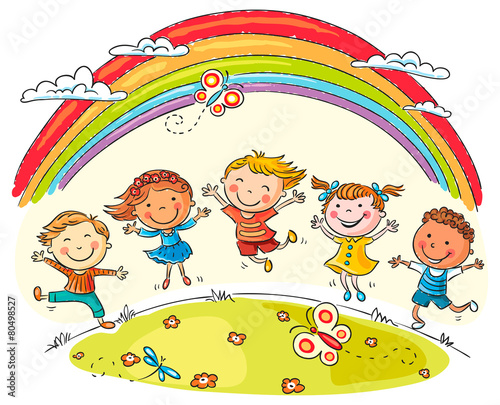 Naklejka dekoracyjna Kids Jumping with Joy under Rainbow