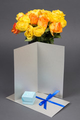 Wall Mural - blank gift card, bouquet of orange and yellow rose flowers and g