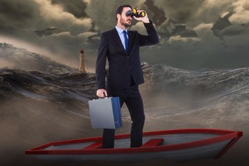 Poster - Composite image of businessman in boat with binoculars