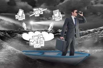 Poster - Composite image of businessman in boat with binoculars