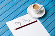 © Masson - pencil and paper with My Story words near cup of coffee