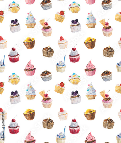 Obraz w ramie Seamless cupcakes. Watercolor