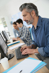 Wall Mural - Smiling teacher working on desktop computer