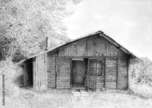 Romantic Wooden Cabin In Mountain Landscape Pencil Drawing Buy