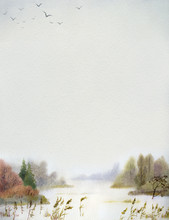 Watercolor Background With Winter Landscape