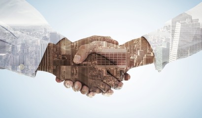 Poster - Composite image of close-up shot of a handshake in office