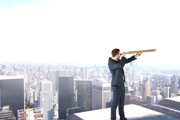 Poster - Composite image of businessman looking through telescope