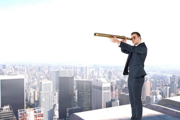 Poster - Composite image of businessman looking through telescope