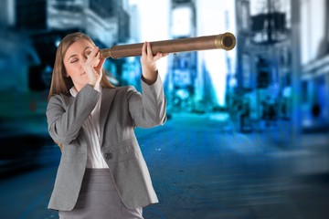 Poster - Composite image of businesswoman looking through a telescope