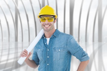 Poster - Composite image of architect holding rolled blueprint