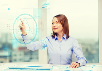 Canvas Print - smiling businesswoman working with virtual screen