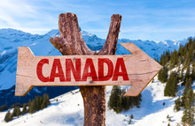 Canada Wooden Sign With Alps Background