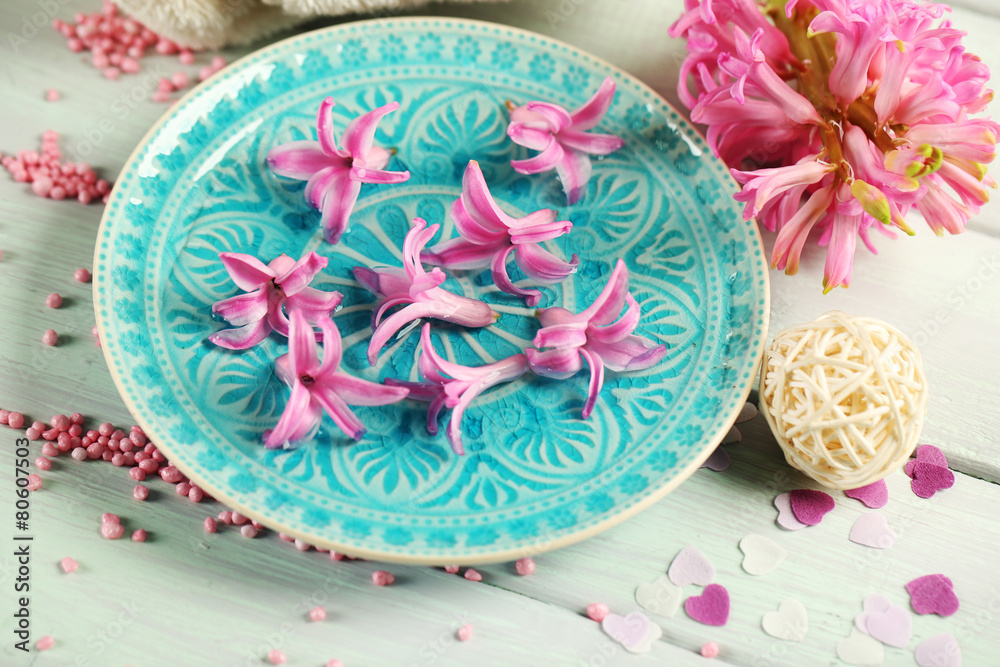 Beautiful spa composition with hyacinth flowers, close up