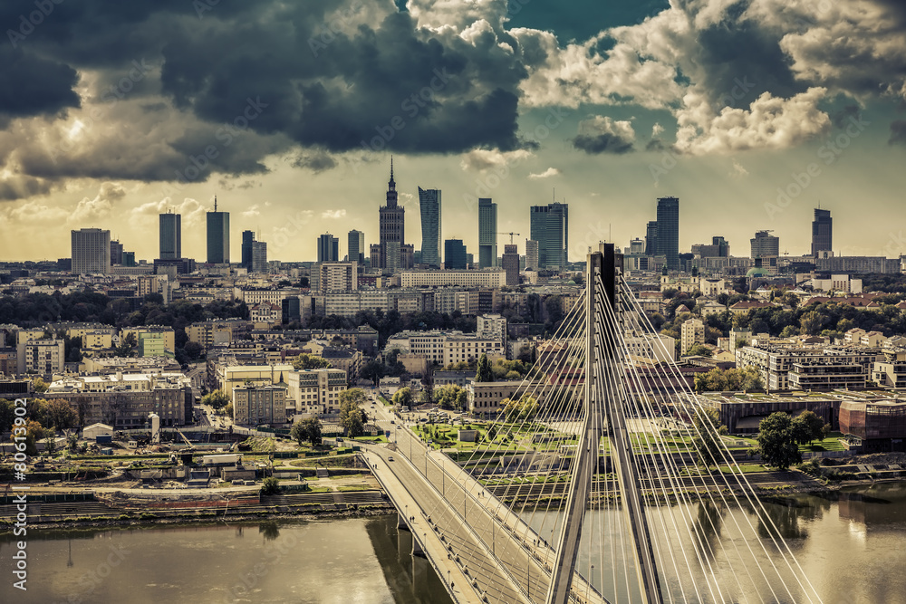 Warsaw skyline behind the bridge vintage view, Poland - obrazy, fototapety, plakaty 