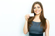 © Yuriy Shevtsov - Smiling business woman hold white credit card.