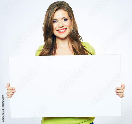 Fotografering smiling woman holding blank business sign board.