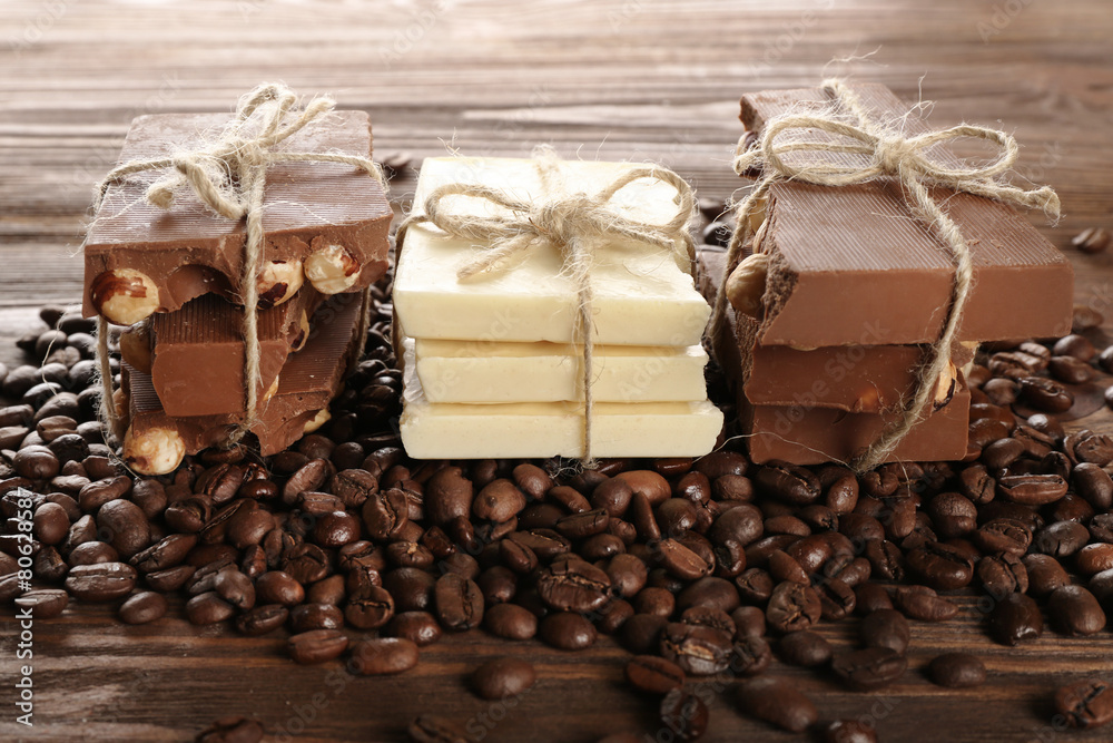 Stack of tied chocolate with coffee beans