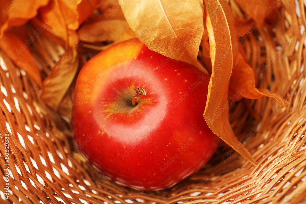 Apple with dried leaves in wicker basket, closeup