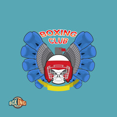 Boxing labels. Skull in a boxing helmet with gloves. Vector illu