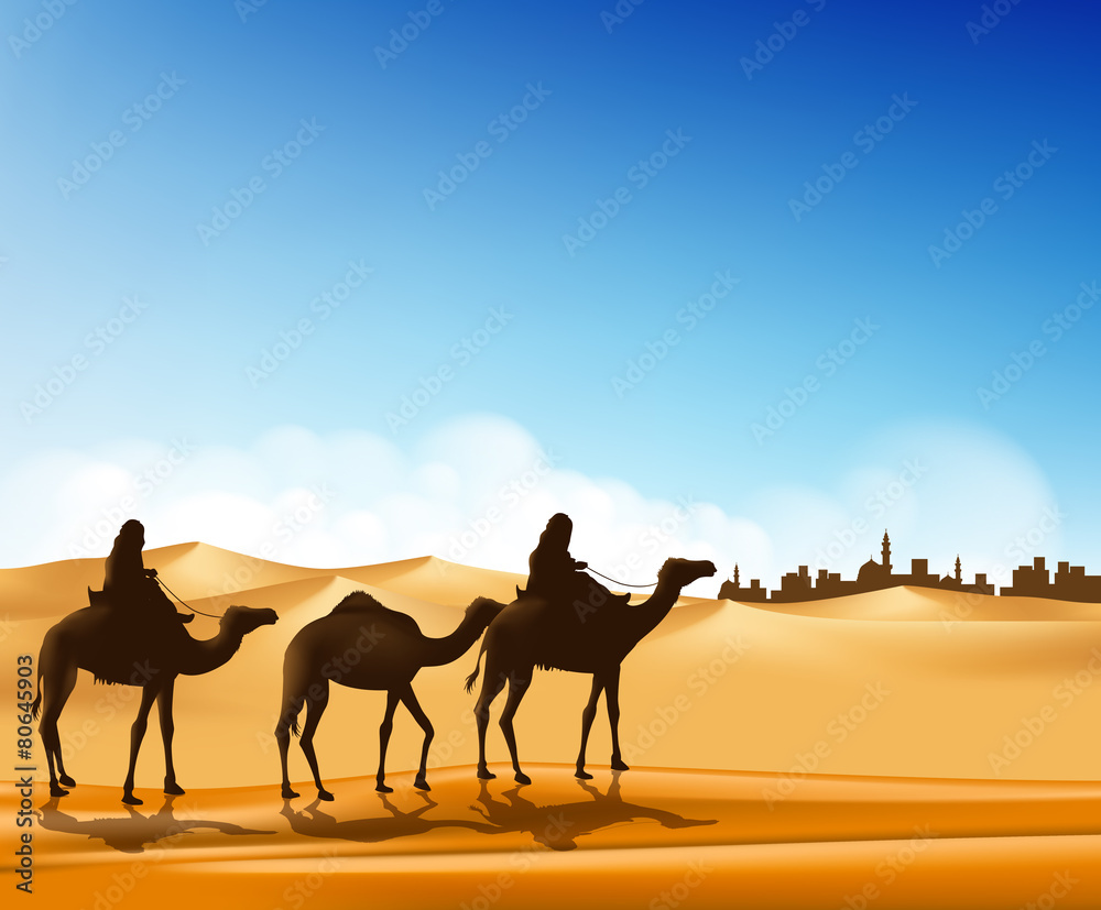 Group of Arab People with Camels Caravan Riding - obrazy, fototapety, plakaty 