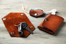 Hand Made Leather Man Accessories On Wooden Background