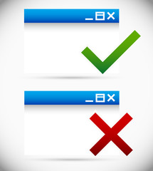 Software, application window with checkmark and cross. Safe, uns