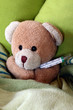 Teddybärchen mit Thermometer im Bett
