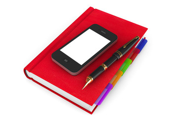 Fototapete - Red Organizer Notebook with Mobile Phone and Pen