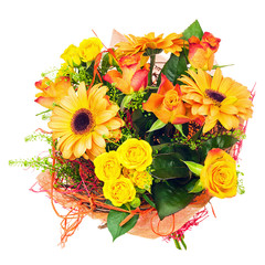 Poster - Bouquet of gerbera, roses and other flowers isolated on white.