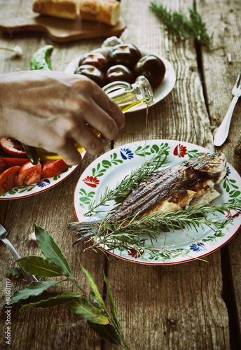 Fototapeta na szkło Fish and vegetables