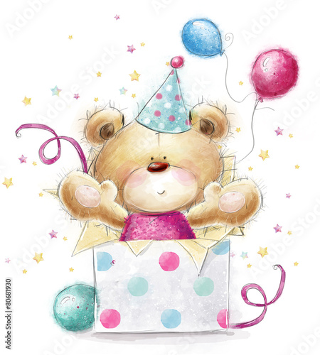 Fototapeta dla dzieci Teddy bear with the gift and ballons.