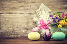 Easter Eggs On Old Wooden Background With Copy Space