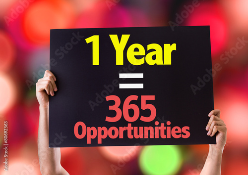 Fotografia, Obraz 1 Year = 365 Opportunities card with beach background