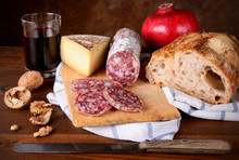 Bread, Red Wine, Cheese And Salami